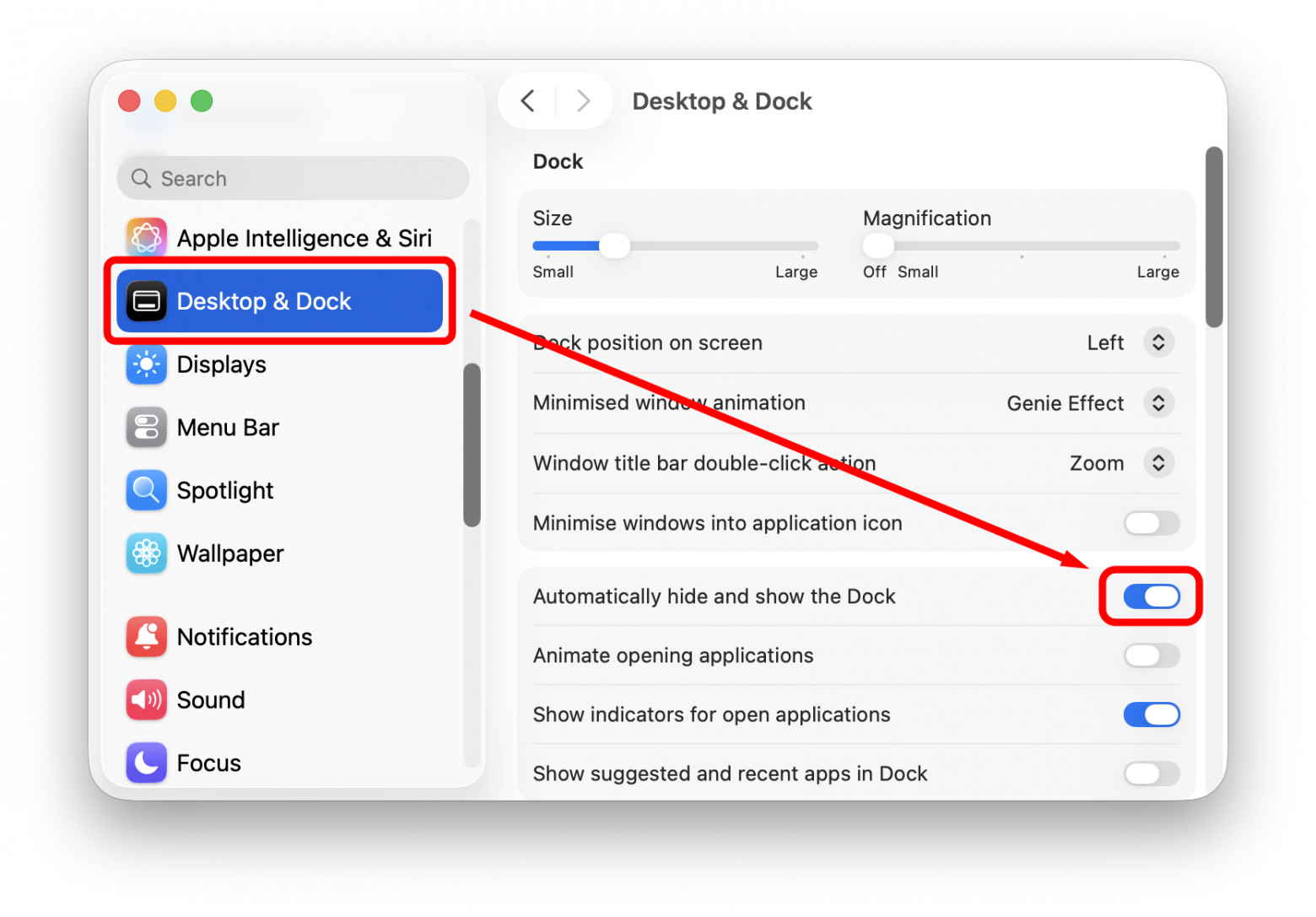 Системные настройки для автоматического скрытия Dock
